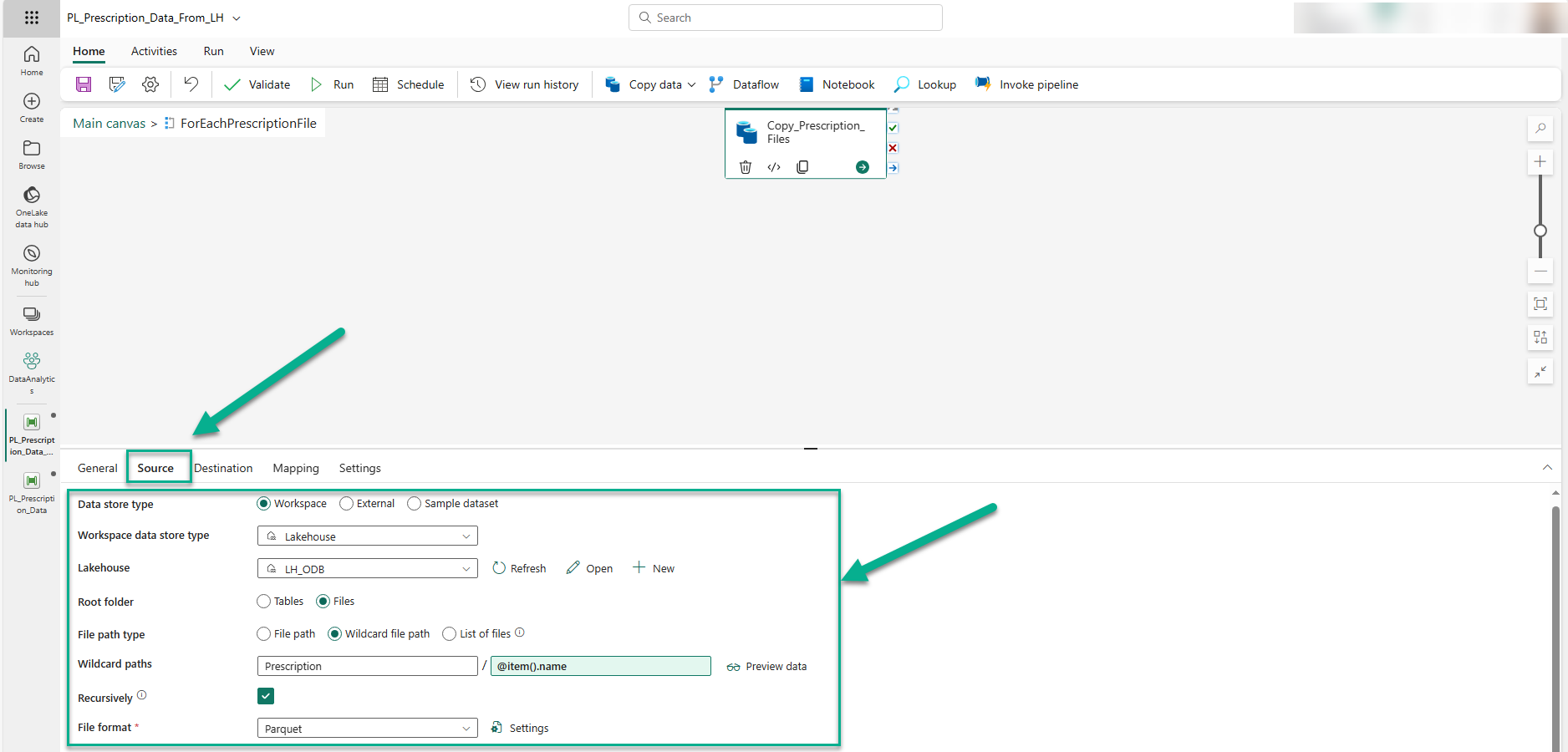 Configuring the Fabric Lakehouse source properties for a Copy Data activity in Microsoft Fabric